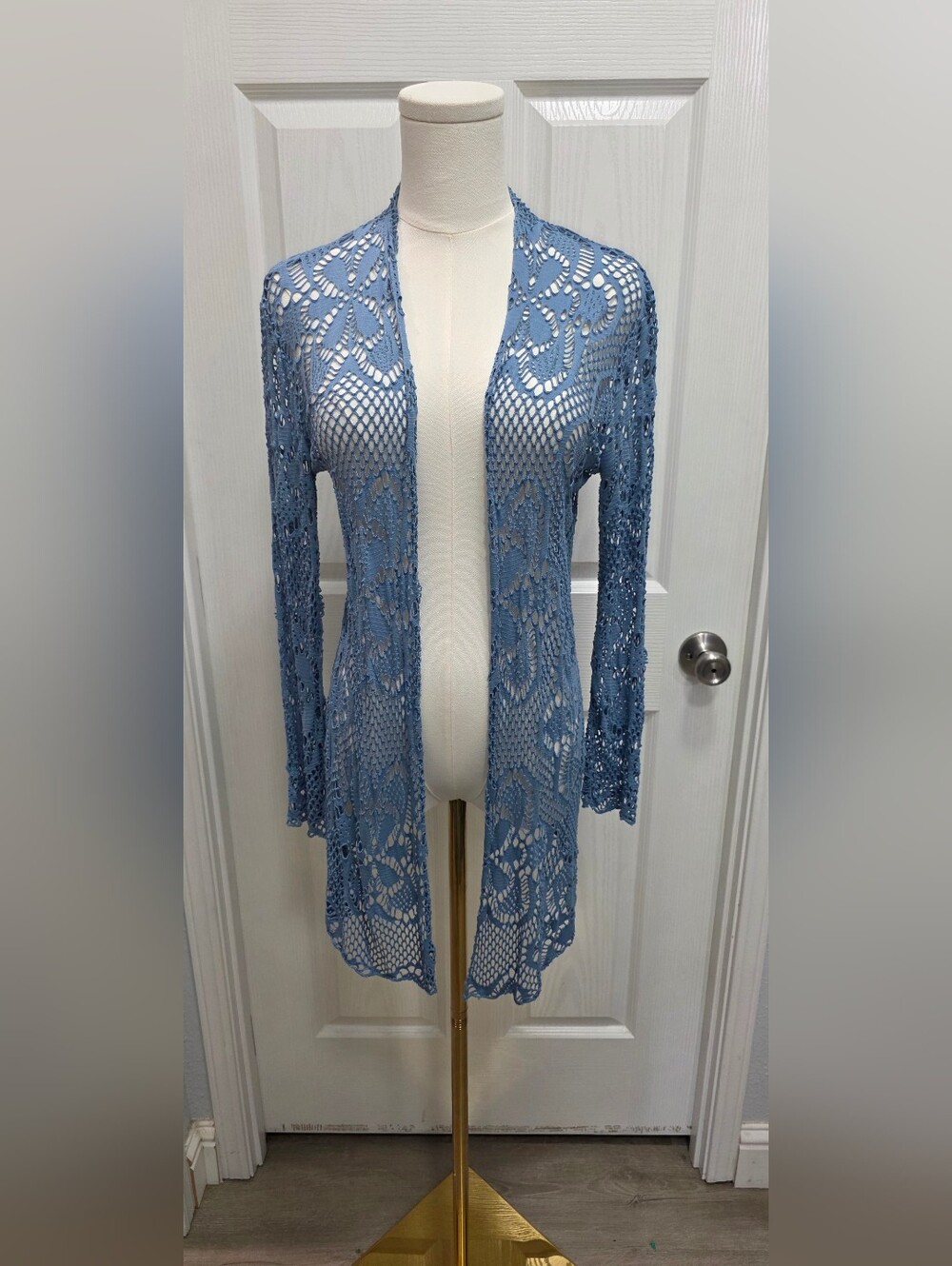 My Glamour Lady Italy Blue Crochet Lace Open Front Cardigan Cover Up